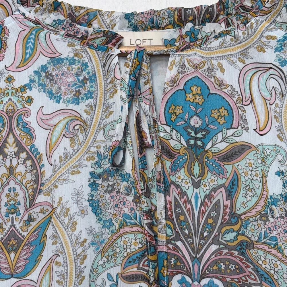 LOFT Paisley Floral Tie Neck Blouse Blue Pink Teal Size XL Sheer‎ Feminine Boho - Picture 2 of 9